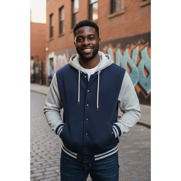 Yoki Mens Varsity Style Jacket With Hood Medium Button Closure Gray Sleeves & Na - Picture 1 of 12